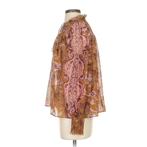 Anthropologie OPT Metallic Boho Peasant Top Small Olive Green Pink Floral - Picture 4 of 7